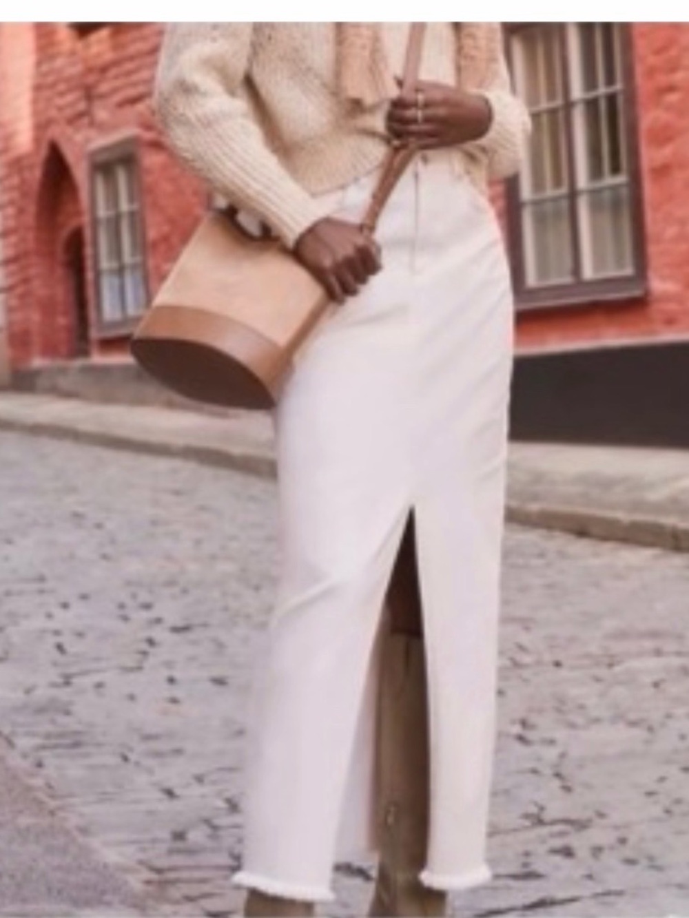 Loft fray hem denim maxi skirt in Bone
